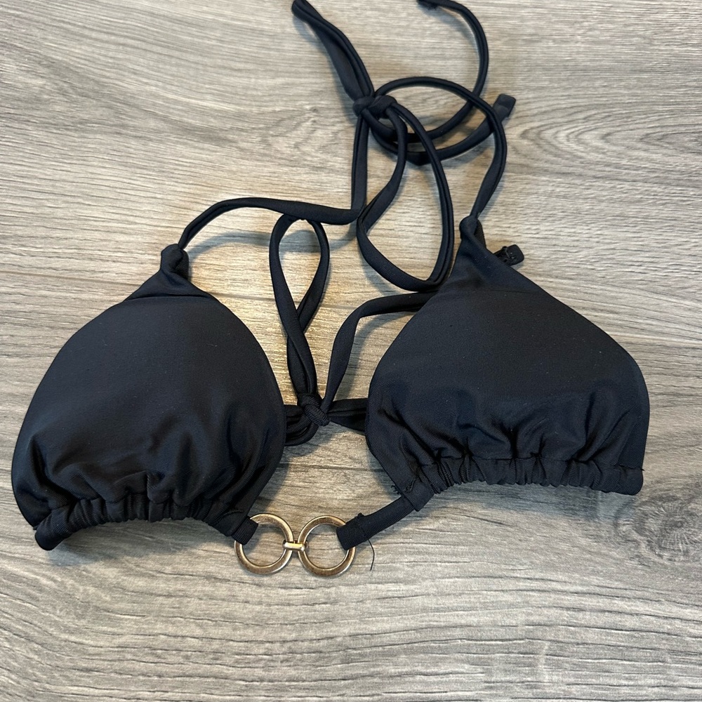 SHEIN Black Triangle Bikini Top with Gold Ring Detail